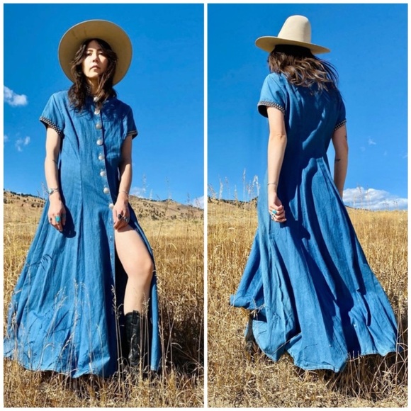 DOUBLE D RANCH Vintage Chambray Denim MaxiDress Duster Silver Concho Studs Sz S - Picture 4 of 13